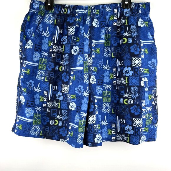 Blue Floral Size L Swim Trunks Sand N Sun 100% Polyester w/Zipped Cargo Pocket - Picture 1 of 8
